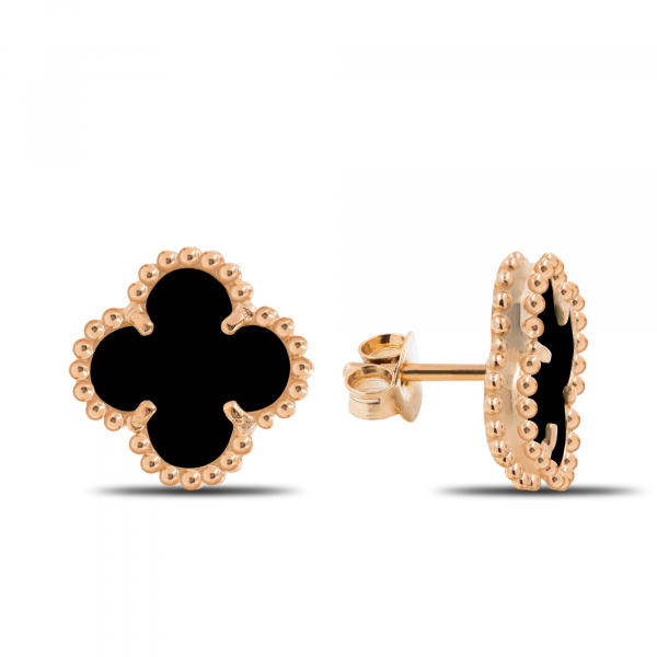 Small Gold Earrings CLOVER  With Onyx