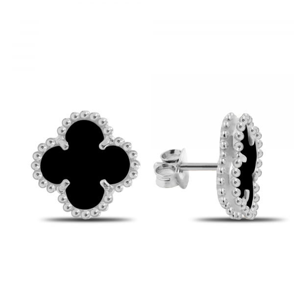 Small Silver Earrings Clover With Onyx
