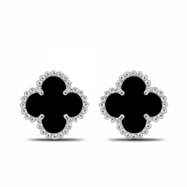 Small Silver Earrings Clover With Onyx