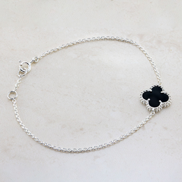 White Gold Bracelet  Mini Clover With  Onyx