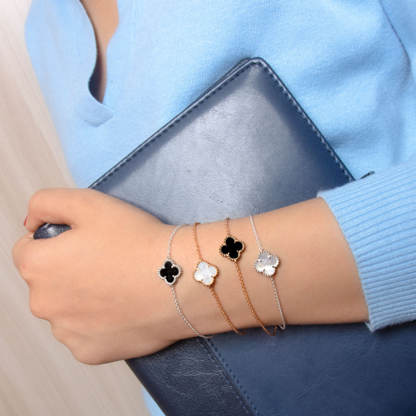 White Gold Bracelet  Mini Clover With  Onyx