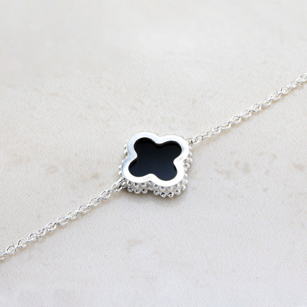 White Gold Bracelet  Mini Clover With  Onyx